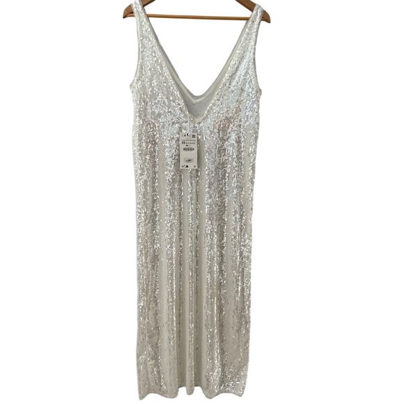 Zara Sleeveless V Neck Sequined Maxi Dress White Size XS - Picture 5 of 11